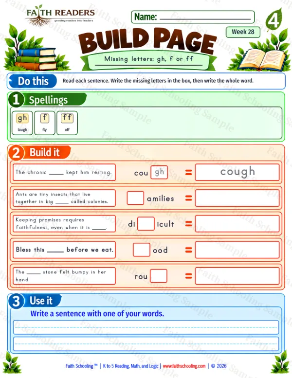 4th Grade phonics worksheet — Missing & Hidden Letters. Build 5: gh, f or ff