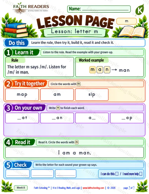Kindergarten phonics worksheet — Short a. Lesson 2: m