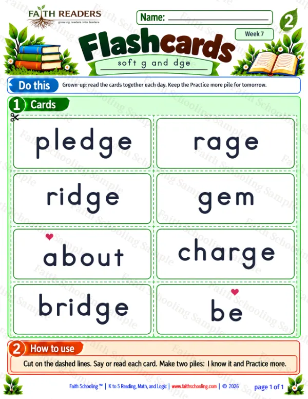 2nd Grade phonics worksheet — Flashcards 1: soft-g, dge