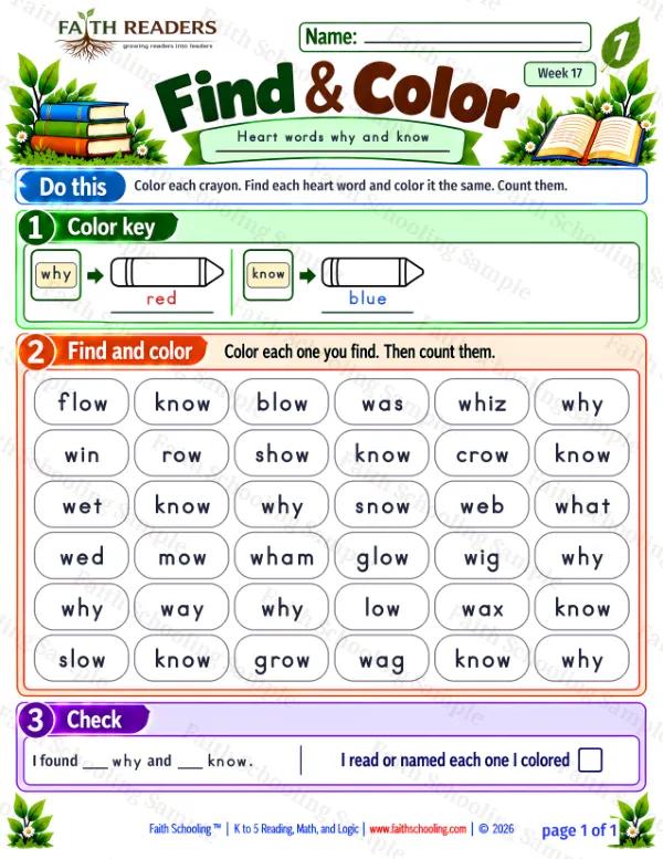 1st Grade phonics worksheet — Phonics & Sight Words. Find And Color 3: why and know