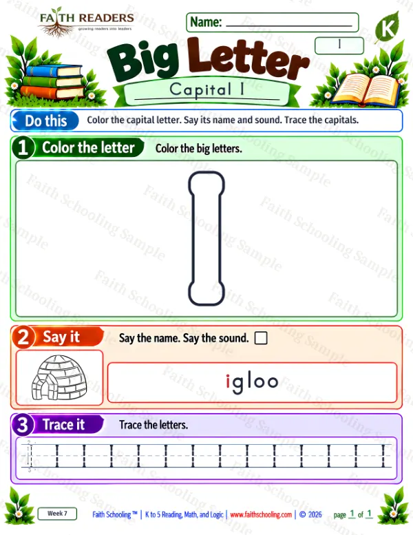 Kindergarten phonics worksheet — Uppercase Letters. Big Letter 6: the letter i (igloo)