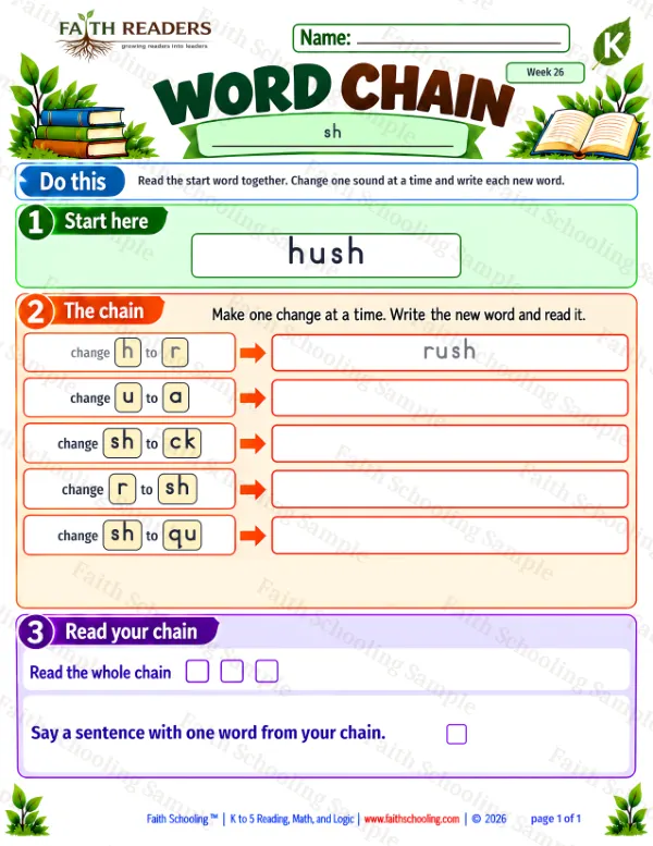 Kindergarten phonics worksheet — Digraphs sh, ch, th, wh. Word Chain 3: hush to quack