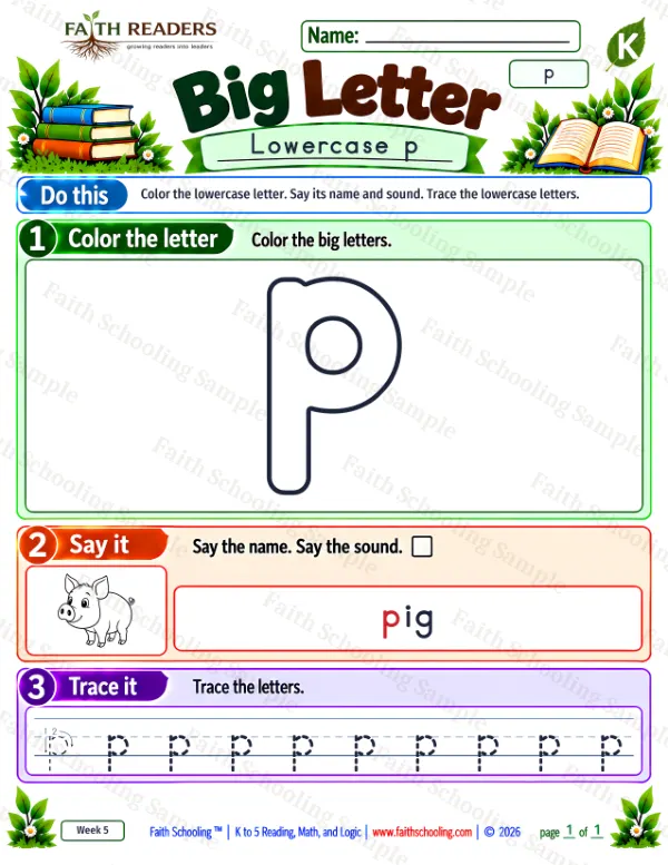 Kindergarten phonics worksheet — Lowercase Letters. Big Letter 4: the letter p (pig)