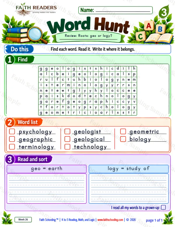 3rd Grade vocabulary & word study worksheet — Greek Root: geo = earth. Word Hunt 3: geo and logy