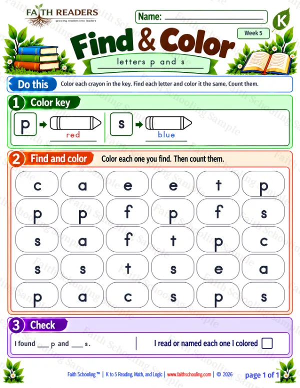 Kindergarten phonics worksheet — Find the Letter. Find And Color 9: p and s