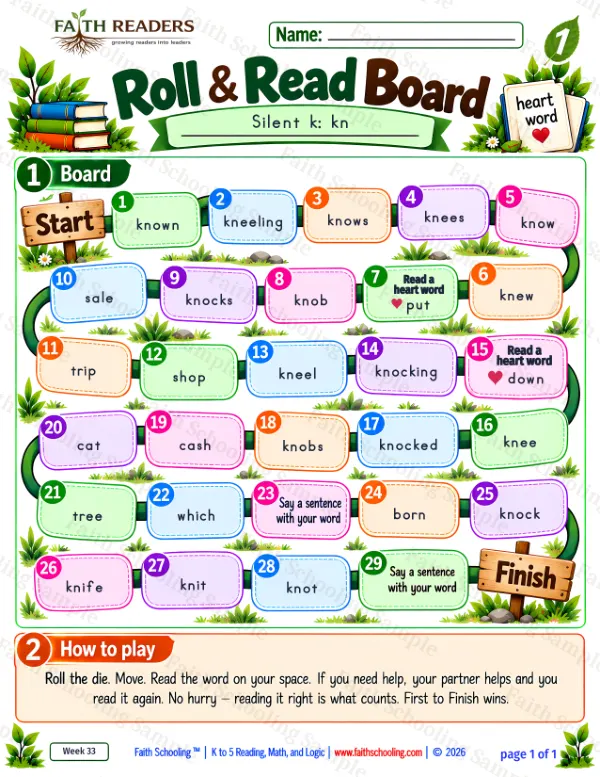 1st Grade phonics worksheet — Roll And Read 2: Silent k, kn