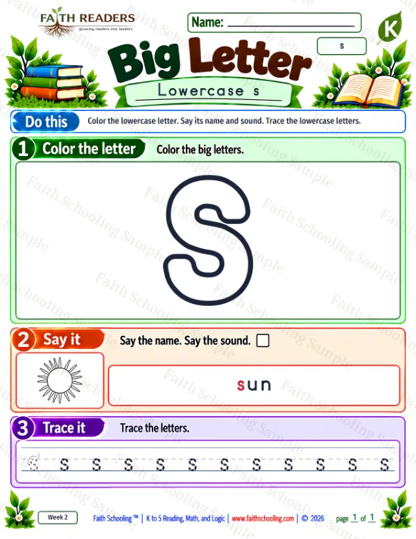 Kindergarten phonics worksheet — Lowercase Letters. Big Letter 1: the letter s (sun) (free printable)