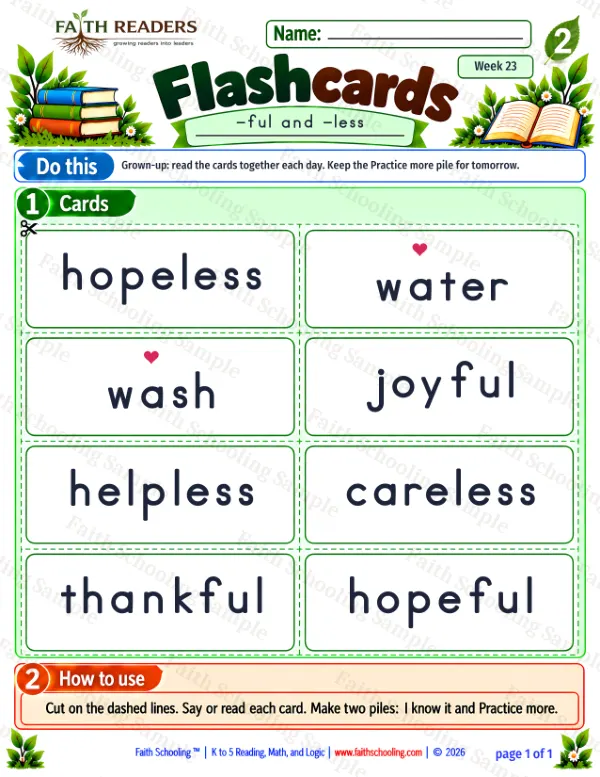 2nd Grade vocabulary & word study worksheet — Suffixes -ful, -less, -ness, -ment, -y, -ly. Flashcards 1: -ful, -less
