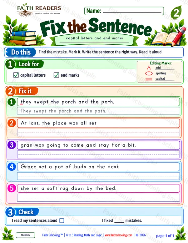 2nd Grade grammar & writing worksheet — Capitalization and Punctuation. Fix The Sentence 6: capital letters and end marks