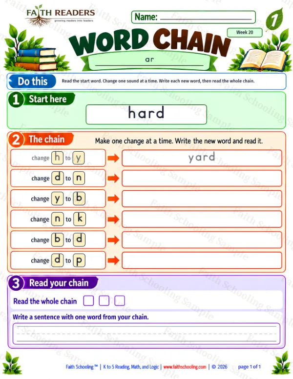 1st Grade phonics worksheet — Bossy R (r-controlled vowels). Word Chain 1: hard to park