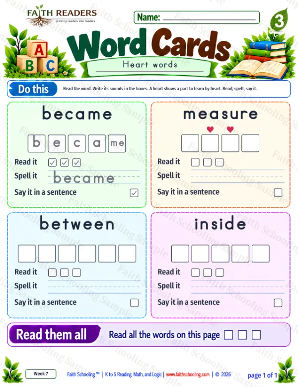 3rd Grade phonics worksheet — Phonics & Sight Words. Word Cards 6: became, measure, between and inside