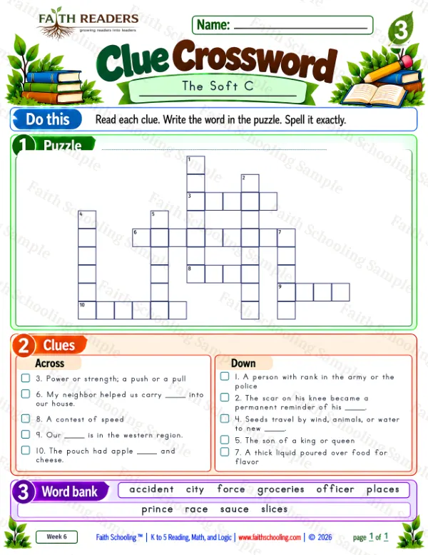3rd Grade phonics worksheet — Clue Crossword 1: The Soft C