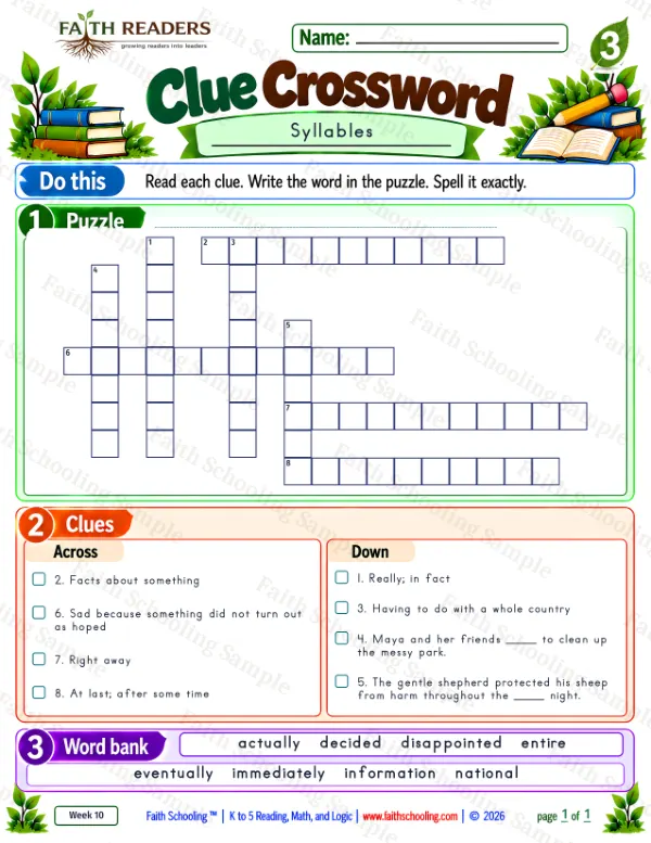 3rd Grade phonics worksheet — Clue Crossword 2: Syllables