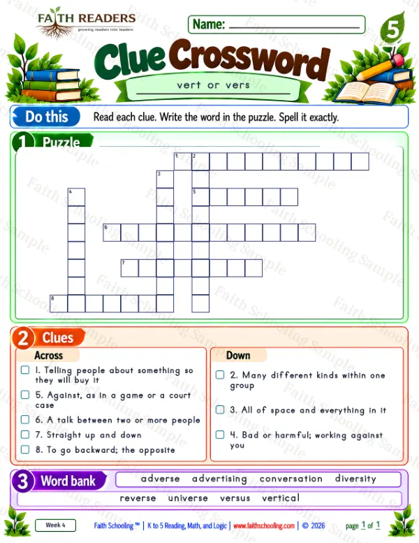 5th Grade phonics worksheet — Word Games & Puzzles. Clue Crossword 4: vert or vers