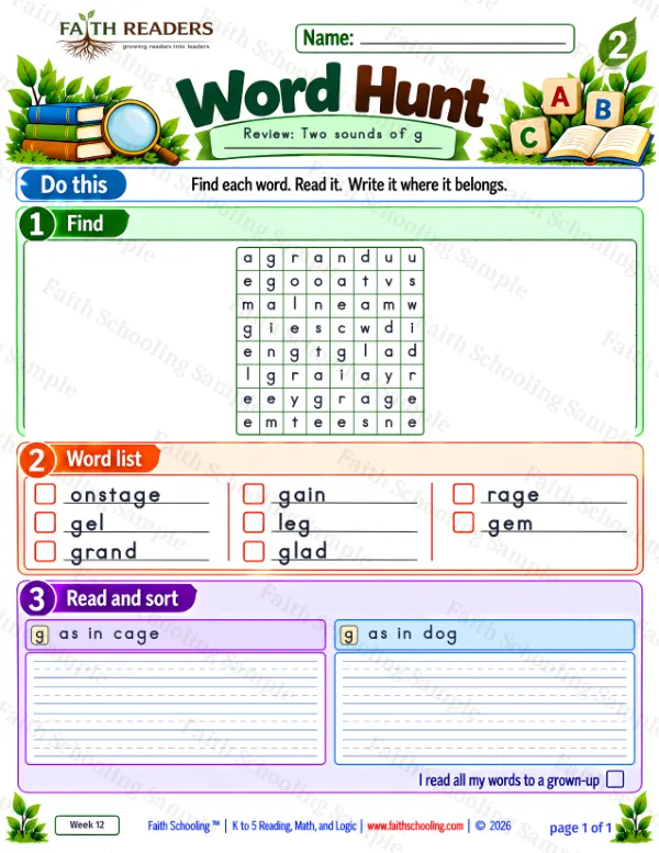 2nd Grade phonics worksheet — Word Hunt 2: soft g and dge