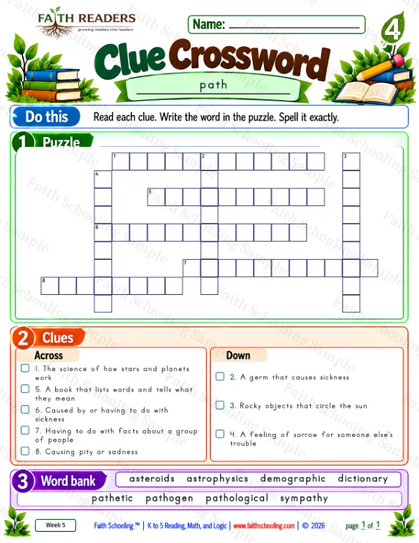 4th Grade phonics worksheet — Word Games & Puzzles. Clue Crossword 5: path