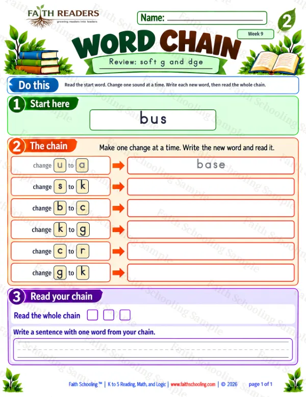 2nd Grade phonics worksheet — Soft G and -dge. Word Chain 2: bus to rake