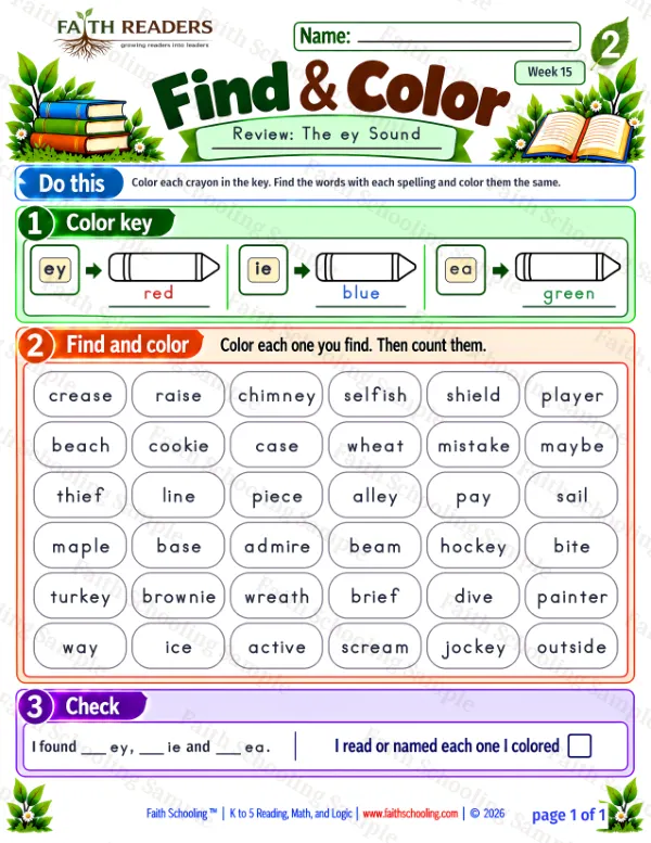 2nd Grade phonics worksheet — Find And Color 1: The ey Sound
