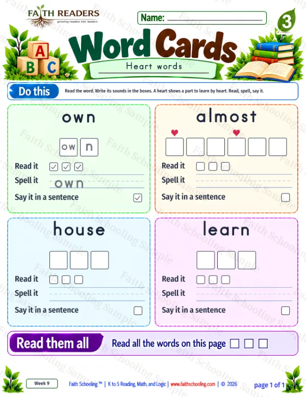 3rd Grade phonics worksheet — Phonics & Sight Words. Word Cards 8: own, almost, house and learn