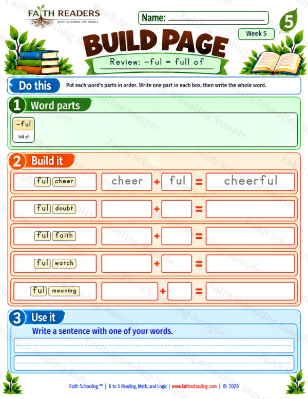 5th Grade phonics worksheet — Word Building & Unscramble. Build 4: Review, -ful = full of