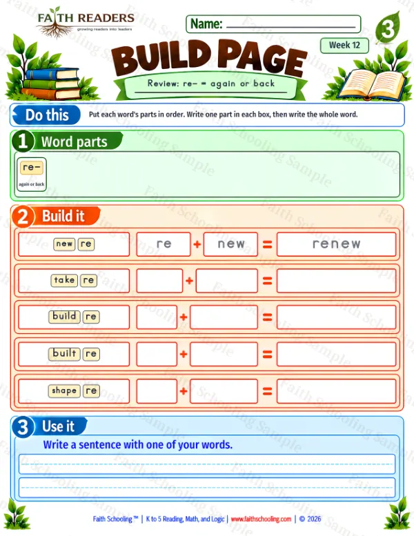 3rd Grade phonics worksheet — Word Building & Unscramble. Build 8: Review, re- = again or back