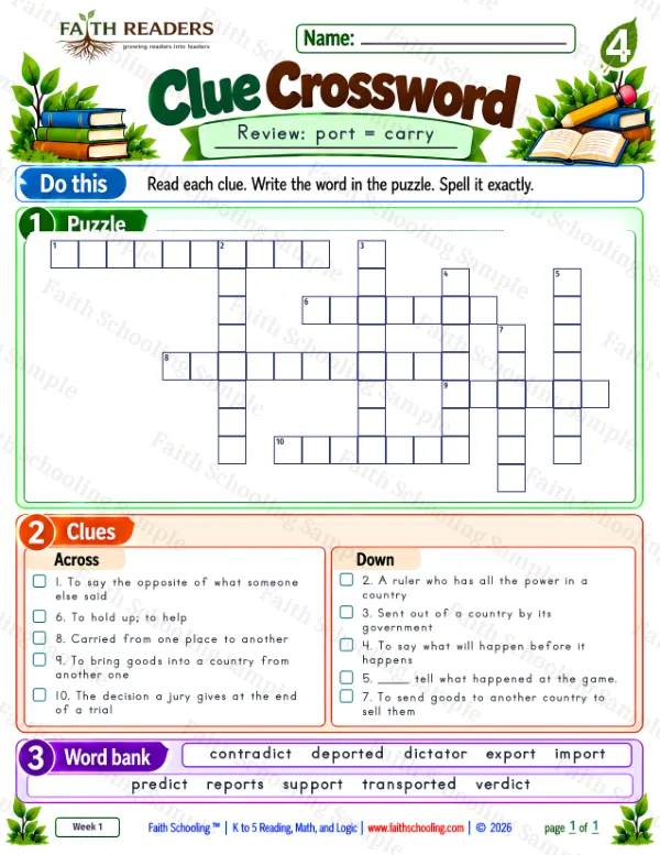 4th Grade phonics worksheet — Word Games & Puzzles. Clue Crossword 2: port = carry