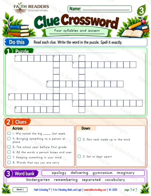 3rd Grade phonics worksheet — Word Games & Puzzles. Clue Crossword 3: four syllables and accent