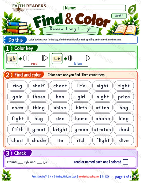 2nd Grade phonics worksheet — Find And Color 2: Long I - igh