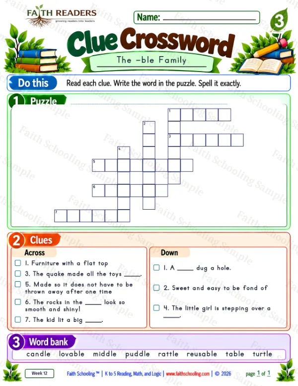 3rd Grade phonics worksheet — Clue Crossword 1: The -ble Family