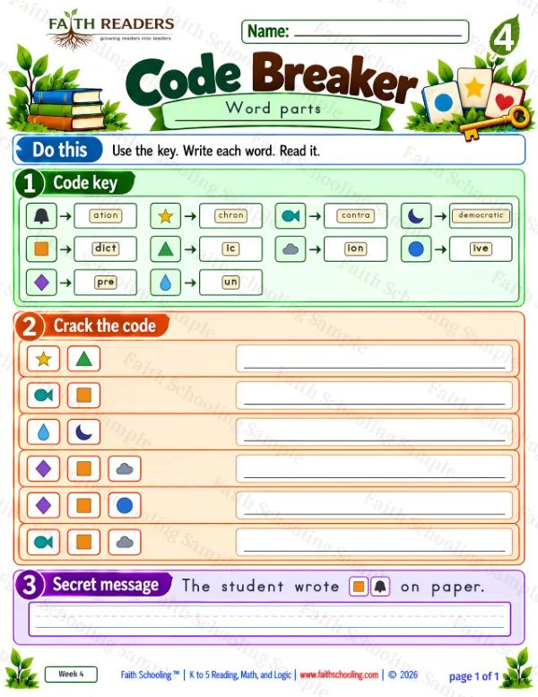 4th Grade phonics worksheet — Word Games & Puzzles. Code Breaker 4: chronic, contradict, undemocratic and prediction