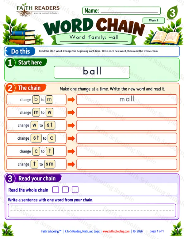 3rd Grade phonics worksheet — Rhyming & Word Families. Word Chain 5: ball to small