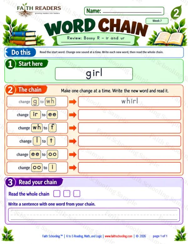 2nd Grade phonics worksheet — Bossy R: ir and ur. Word Chain 3: girl to fit