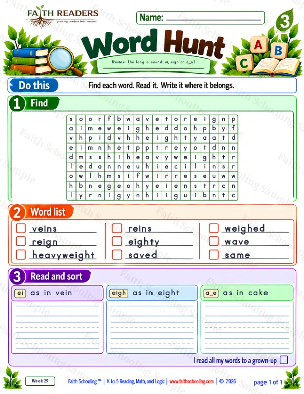 3rd Grade phonics worksheet — Word Hunt 4: Long A - eigh and ei