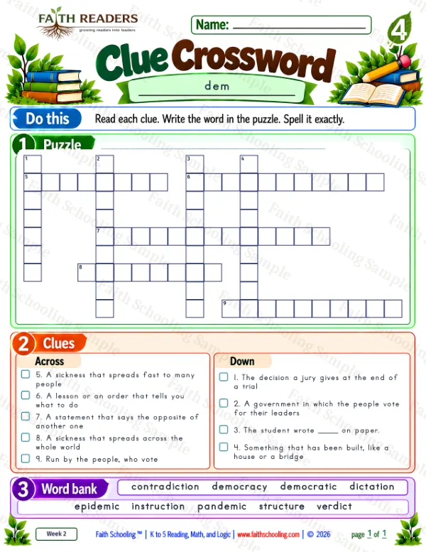 4th Grade phonics worksheet — Word Games & Puzzles. Clue Crossword 3: dem