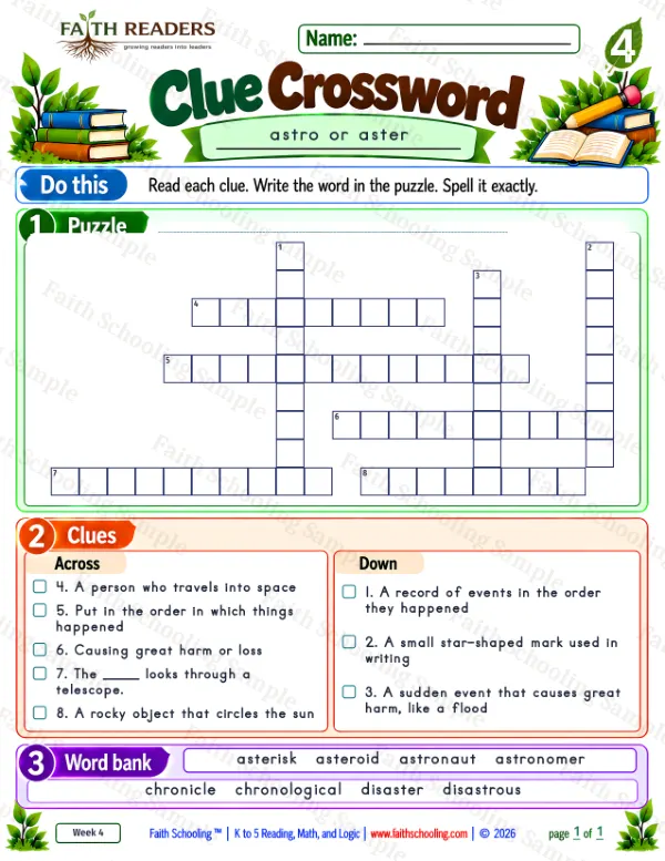 4th Grade phonics worksheet — Word Games & Puzzles. Clue Crossword 4: astro or aster