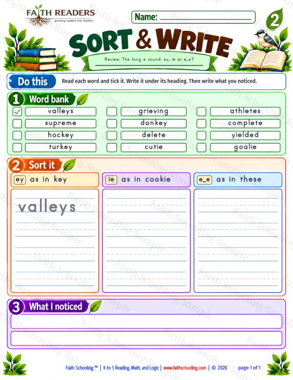 2nd Grade phonics worksheet — Sort And Write 2: The ey Sound