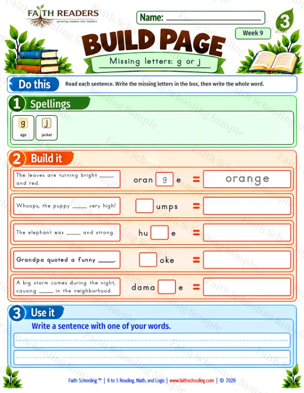 3rd Grade phonics worksheet — Soft G. Build 3: g or j