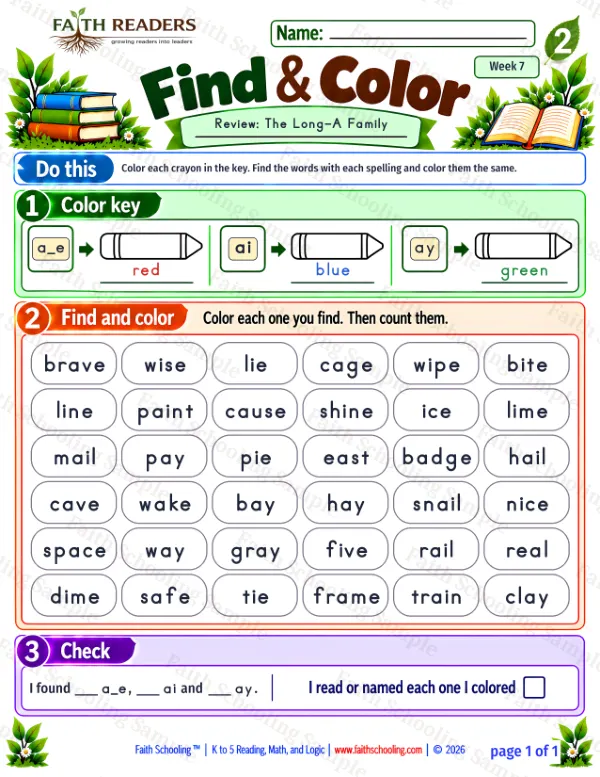 2nd Grade phonics worksheet — Find And Color 1: The Long-A Family