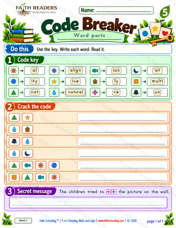 5th Grade phonics worksheet — Word Games & Puzzles. Code Breaker 2: native, naturally, unnatural and naturalist