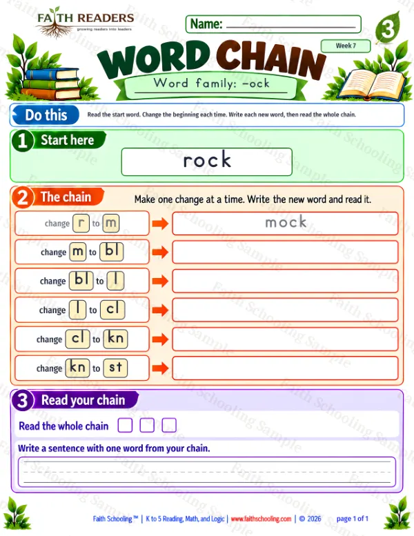 3rd Grade phonics worksheet — Rhyming & Word Families. Word Chain 3: rock to stock