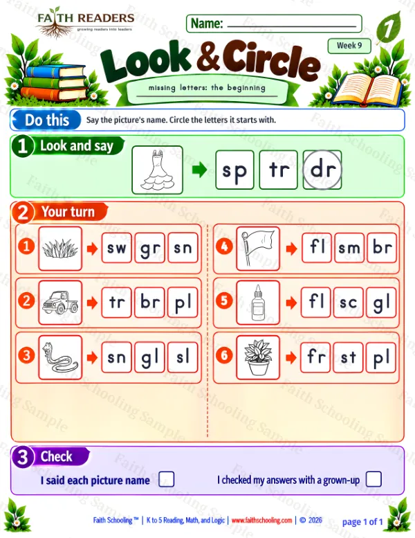 1st Grade phonics worksheet — Missing & Hidden Letters. Look And Circle 7: grass, truck, snake and flag