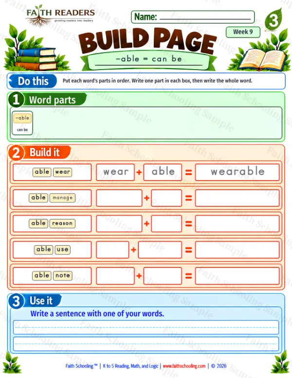 3rd Grade phonics worksheet — The -ble Family. Build 2: -able = can be