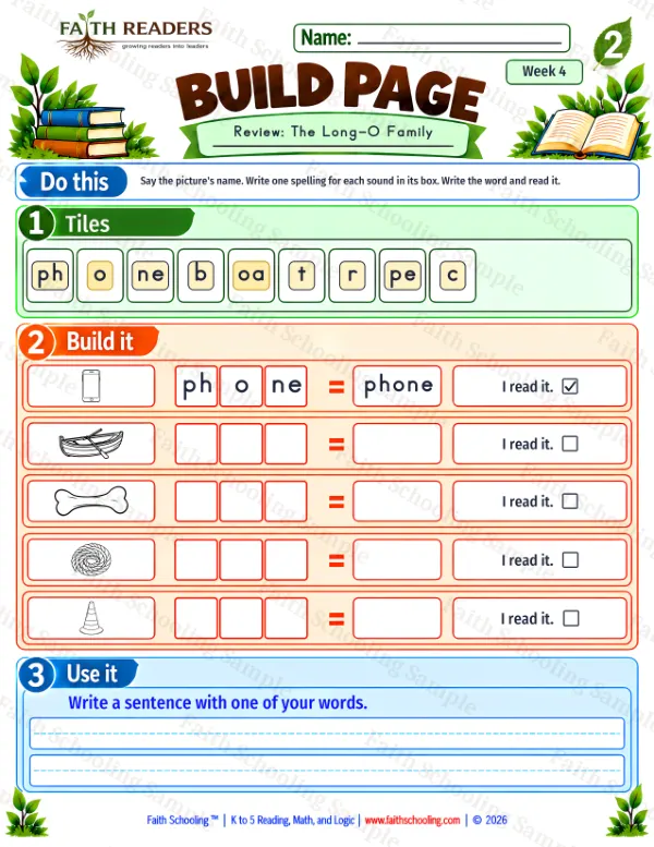 2nd Grade phonics worksheet — Long O Family. Build 1: phone, boat, bone and rope