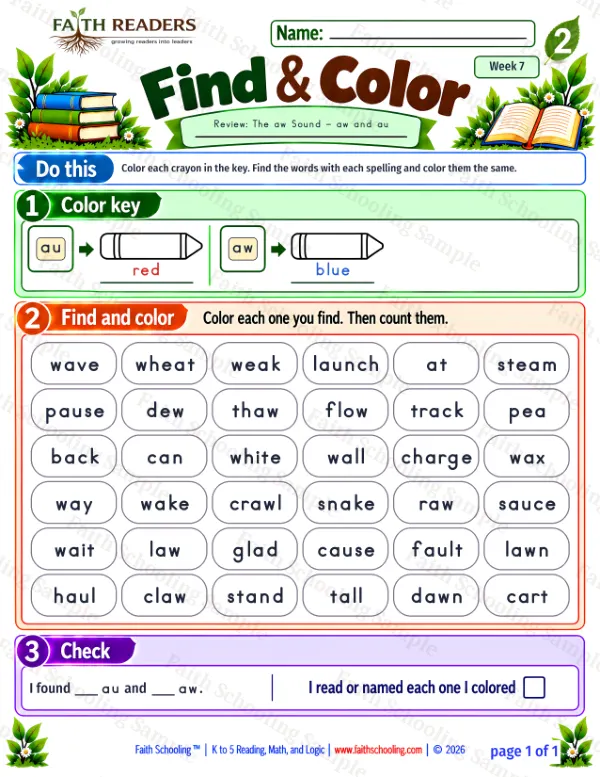 2nd Grade phonics worksheet — Find And Color 2: The /aw/ Sound - aw and au