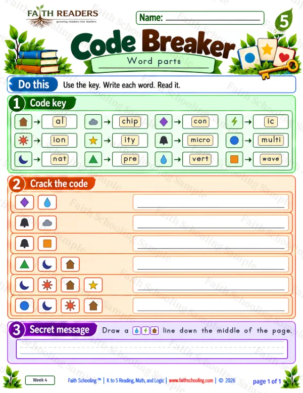 5th Grade phonics worksheet — Word Games & Puzzles. Code Breaker 3: convert, microchip, microwave and prenatal