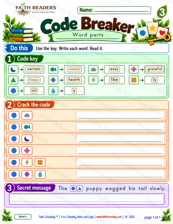 3rd Grade phonics worksheet — Word Games & Puzzles. Code Breaker 3: uneasy, uncommon, uncertain and ungrateful