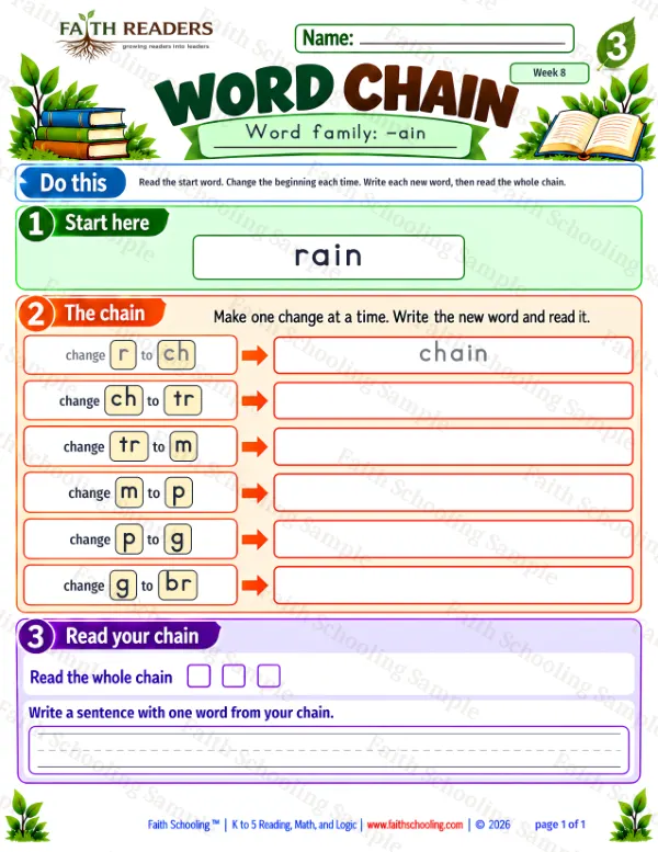 3rd Grade phonics worksheet — Rhyming & Word Families. Word Chain 4: rain to brain