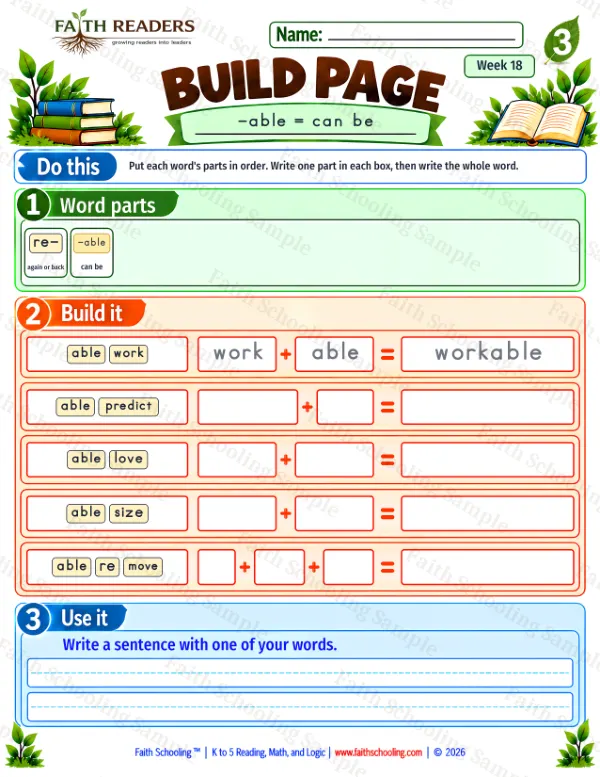 3rd Grade phonics worksheet — The -ble Family. Build 4: -able = can be