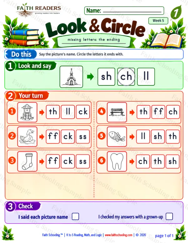 1st Grade phonics worksheet — Missing & Hidden Letters. Look And Circle 4: well, duck, sock and bench
