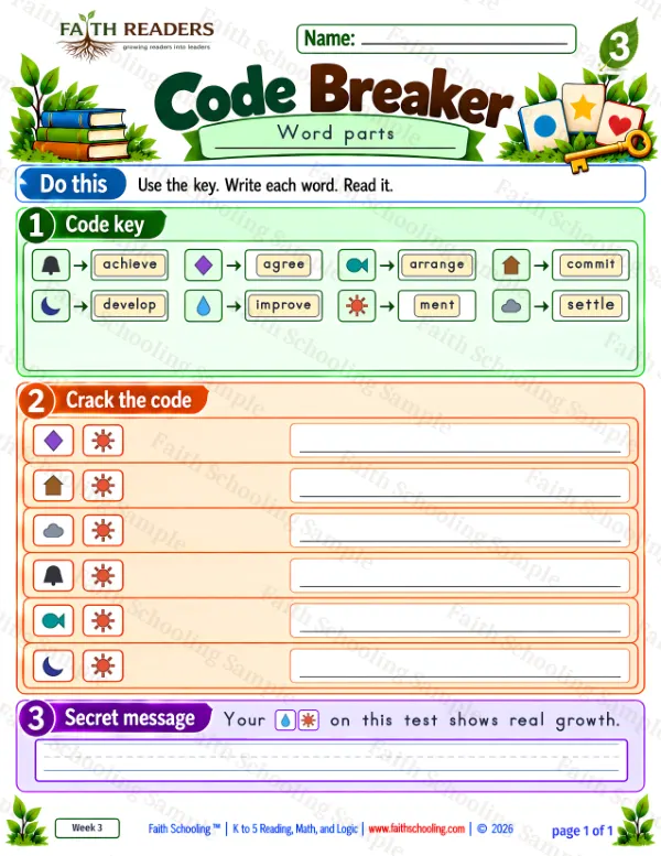 3rd Grade phonics worksheet — Word Games & Puzzles. Code Breaker 2: agreement, commitment, settlement and achievement